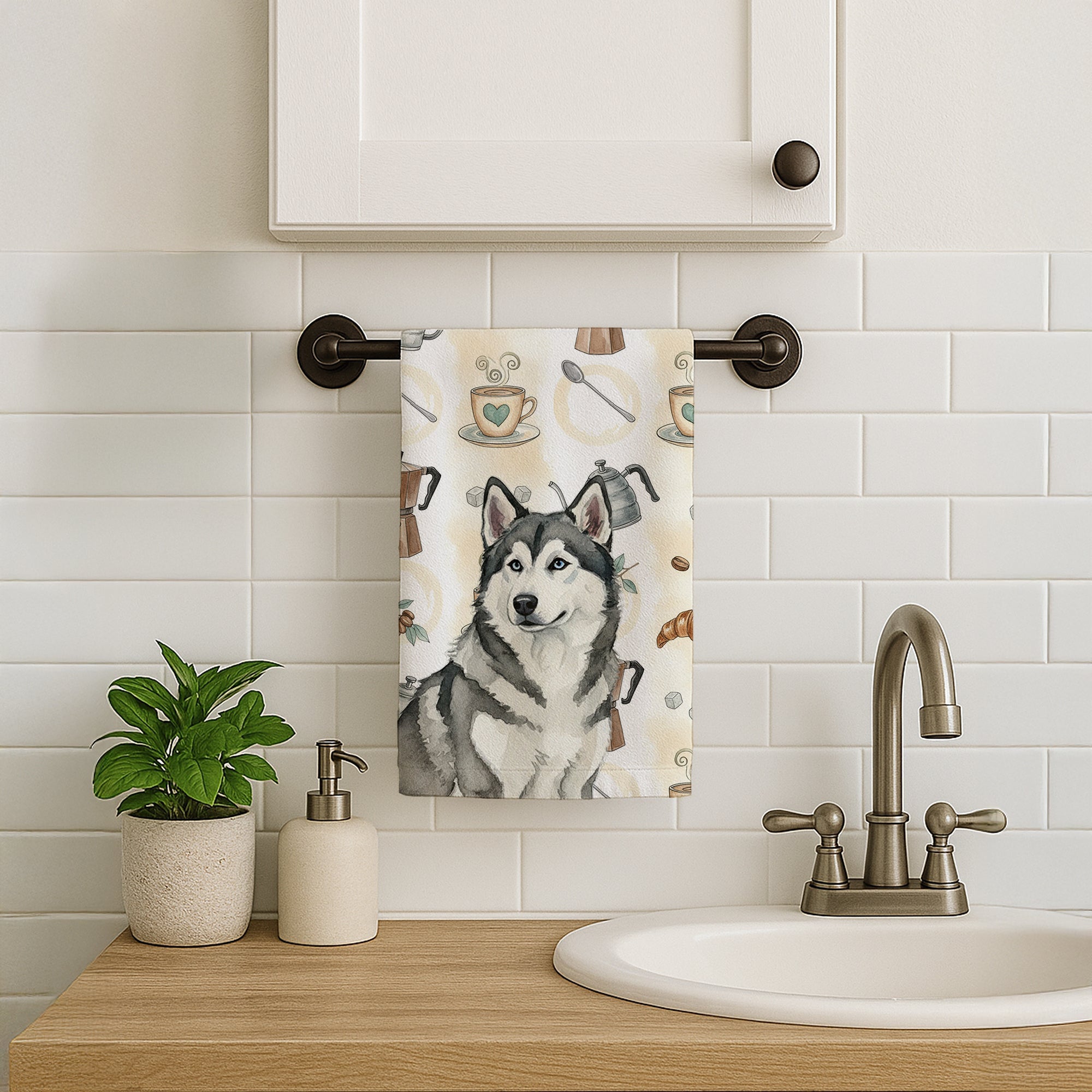 Gray and White Alaskan Malamute Coffee Bar Kitchen Towel Velour Plush Front and Cotton Loop Back Machine Washable