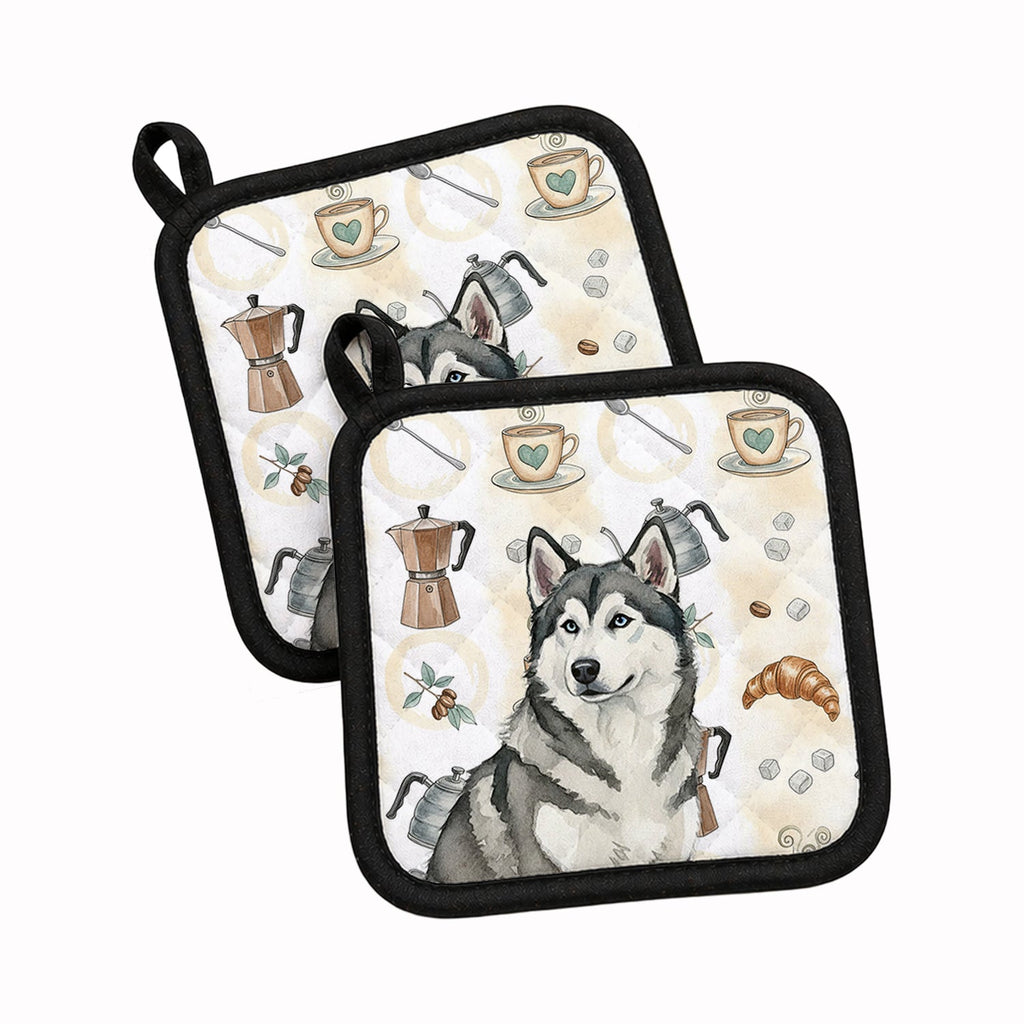 Gray and White Alaskan Malamute Coffee Bar Pot Holder Set of 2 Heat Resistant Quilted Hot Pads 7.5 x 7.5 Inch, Insulated Kitchen Trivets for Cooking & Baking