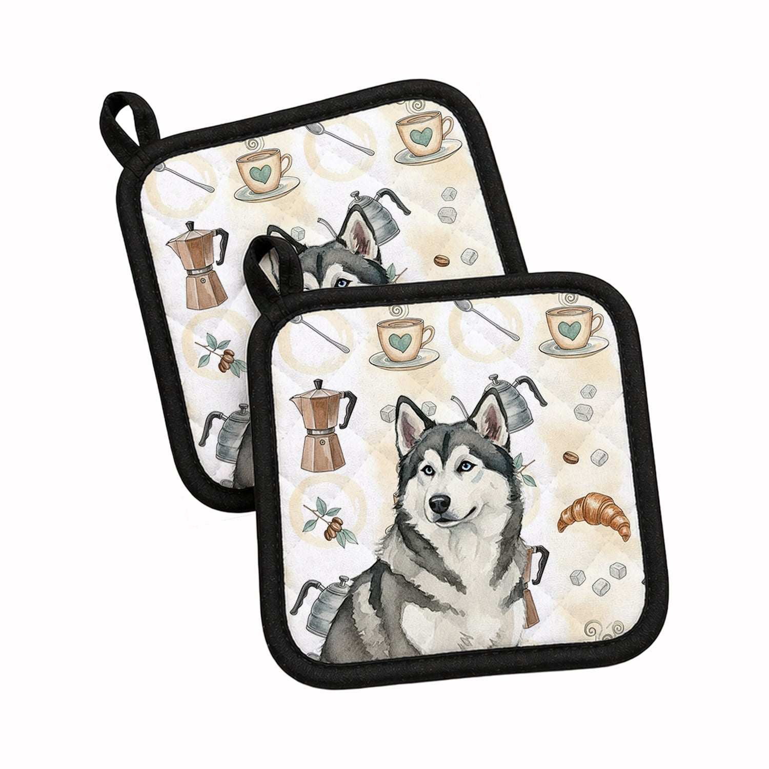 Gray and White Alaskan Malamute Coffee Bar Pot Holder Set of 2 Heat Resistant Quilted Hot Pads 7.5 x 7.5 Inch, Insulated Kitchen Trivets for Cooking & Baking