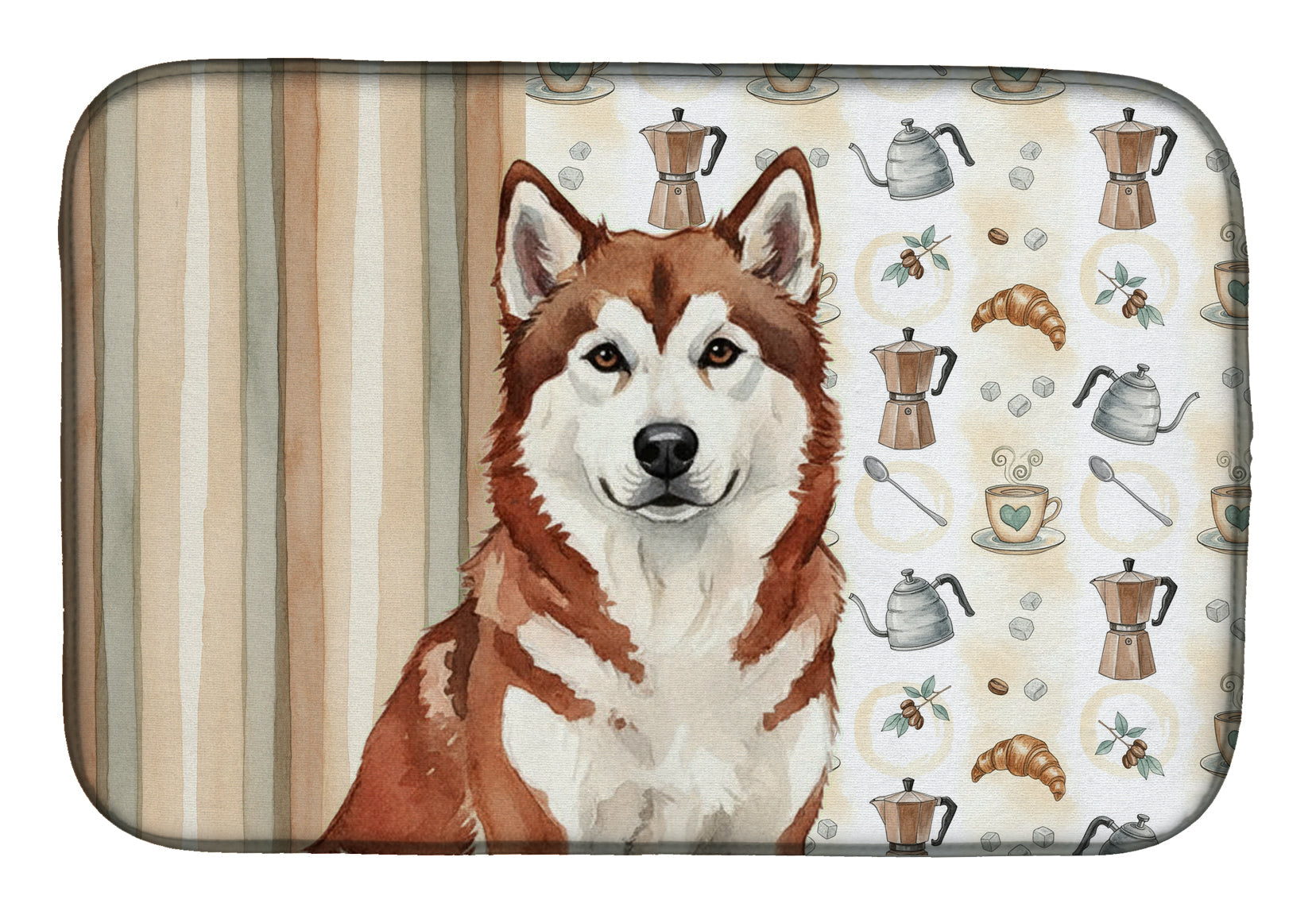 Red and White Alaskan Malamute Coffee Bar Dish Drying Mat Absorbent Dish Drying Mat Pad for Kitchen Counter Dish Drainer Mat for Countertop, 14 x 21", Multicolor