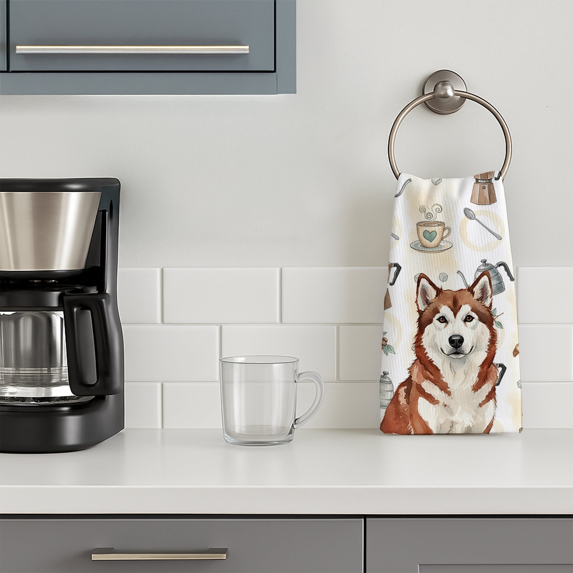 Red and White Alaskan Malamute Coffee Bar Kitchen Towel Velour Plush Front and Cotton Loop Back Machine Washable