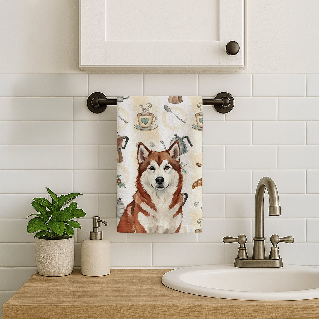 Red and White Alaskan Malamute Coffee Bar Kitchen Towel Velour Plush Front and Cotton Loop Back Machine Washable