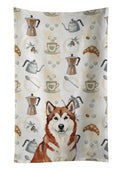 Red and White Alaskan Malamute Coffee Bar Kitchen Towel Velour Plush Front and Cotton Loop Back Machine Washable
