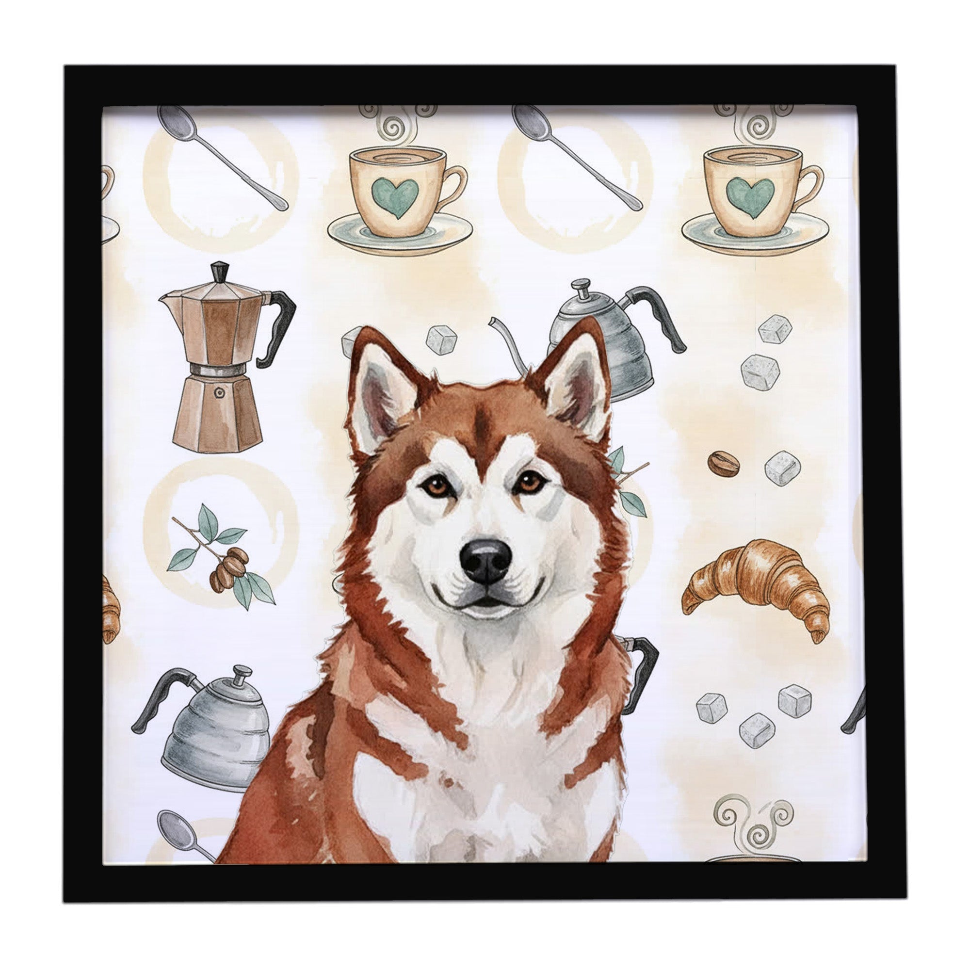 Red and White Alaskan Malamute Coffee Bar Framed Metal Print Bathroom, Kitchen, Office, Home Decor Wall Art Ready to Hang, Square, 8X8