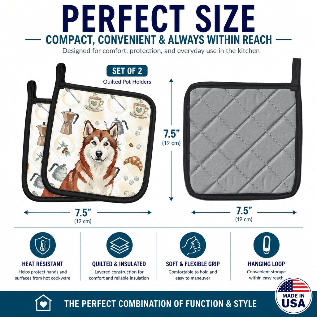 Red and White Alaskan Malamute Coffee Bar Pot Holder Set of 2 Heat Resistant Quilted Hot Pads 7.5 x 7.5 Inch, Insulated Kitchen Trivets for Cooking & Baking