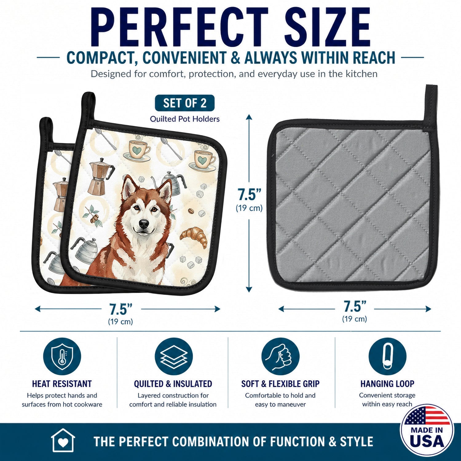 Red and White Alaskan Malamute Coffee Bar Pot Holder Set of 2 Heat Resistant Quilted Hot Pads 7.5 x 7.5 Inch, Insulated Kitchen Trivets for Cooking & Baking