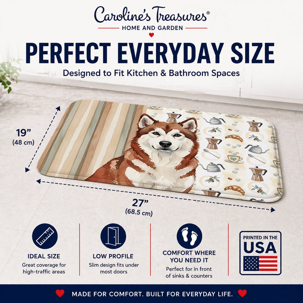 Red and White Alaskan Malamute Coffee Bar Memory Foam Kitchen Mat Machine Washable Anti-Fatigue Cushion Comfort Bath or Kitchen Rug