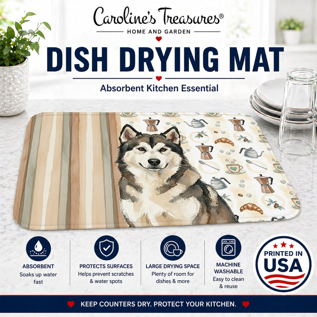 Sable and White Alaskan Malamute Coffee Bar Dish Drying Mat Absorbent Dish Drying Mat Pad for Kitchen Counter Dish Drainer Mat for Countertop, 14 x 21", Multicolor
