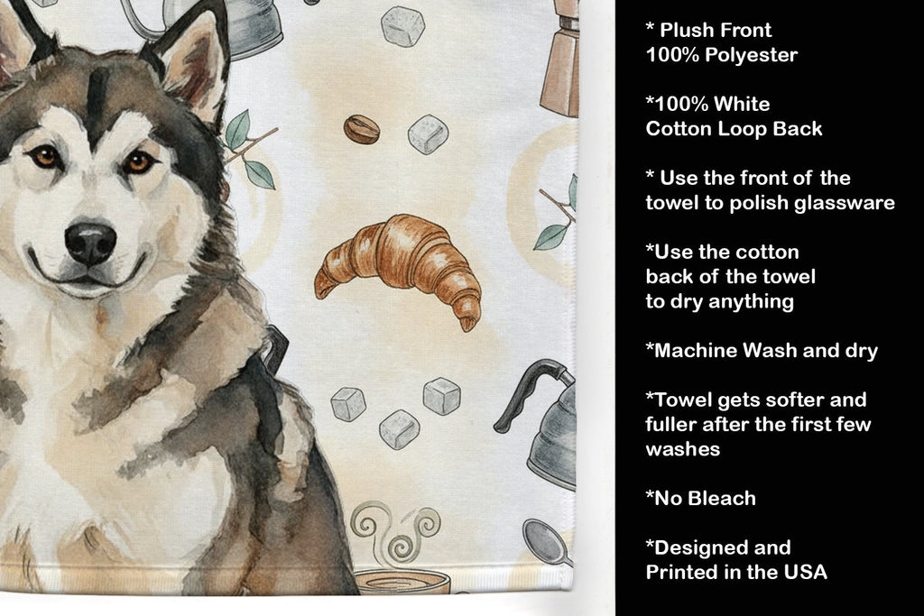 Sable and White Alaskan Malamute Coffee Bar Kitchen Towel Velour Plush Front and Cotton Loop Back Machine Washable