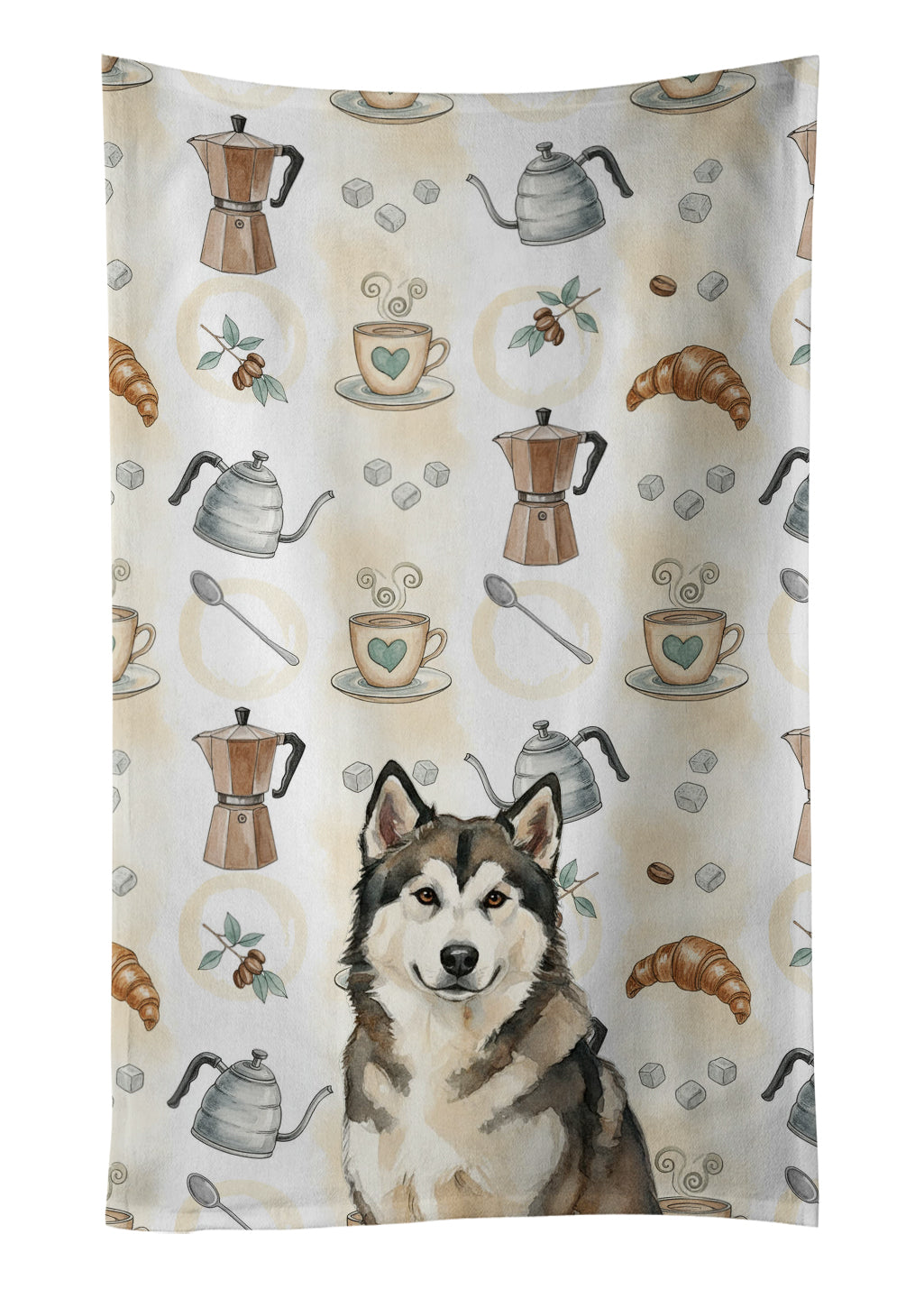 Sable and White Alaskan Malamute Coffee Bar Kitchen Towel Velour Plush Front and Cotton Loop Back Machine Washable