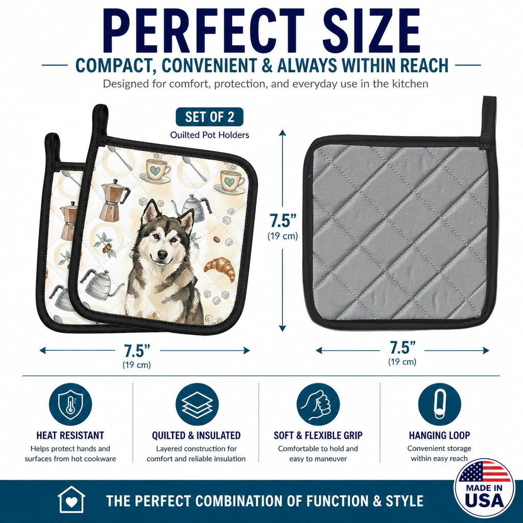 Sable and White Alaskan Malamute Coffee Bar Pot Holder Set of 2 Heat Resistant Quilted Hot Pads 7.5 x 7.5 Inch, Insulated Kitchen Trivets for Cooking & Baking