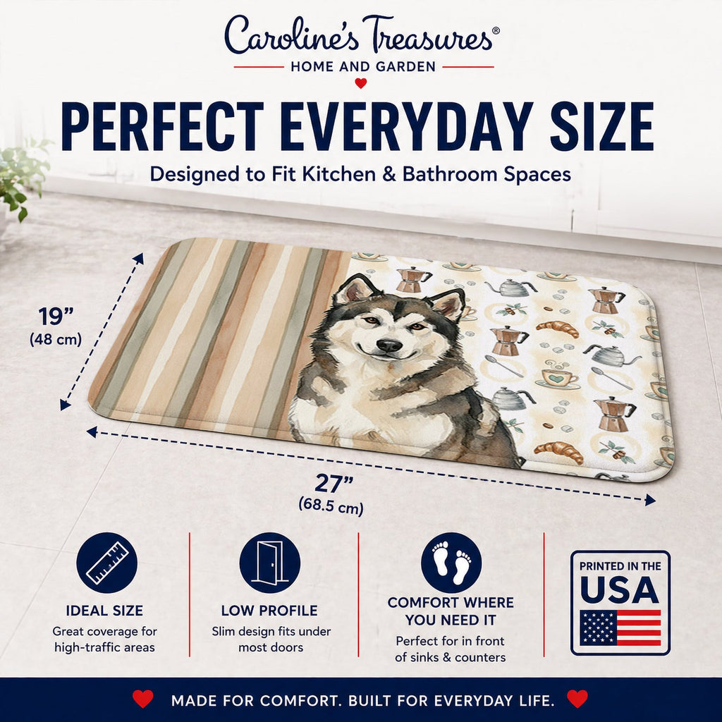 Sable and White Alaskan Malamute Coffee Bar Memory Foam Kitchen Mat Machine Washable Anti-Fatigue Cushion Comfort Bath or Kitchen Rug