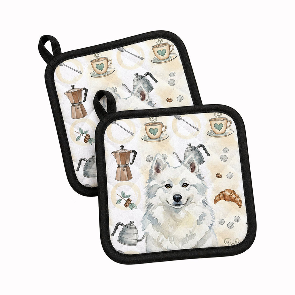 American Eskimo Coffee Bar Pot Holder Set of 2 Heat Resistant Quilted Hot Pads 7.5 x 7.5 Inch, Insulated Kitchen Trivets for Cooking & Baking