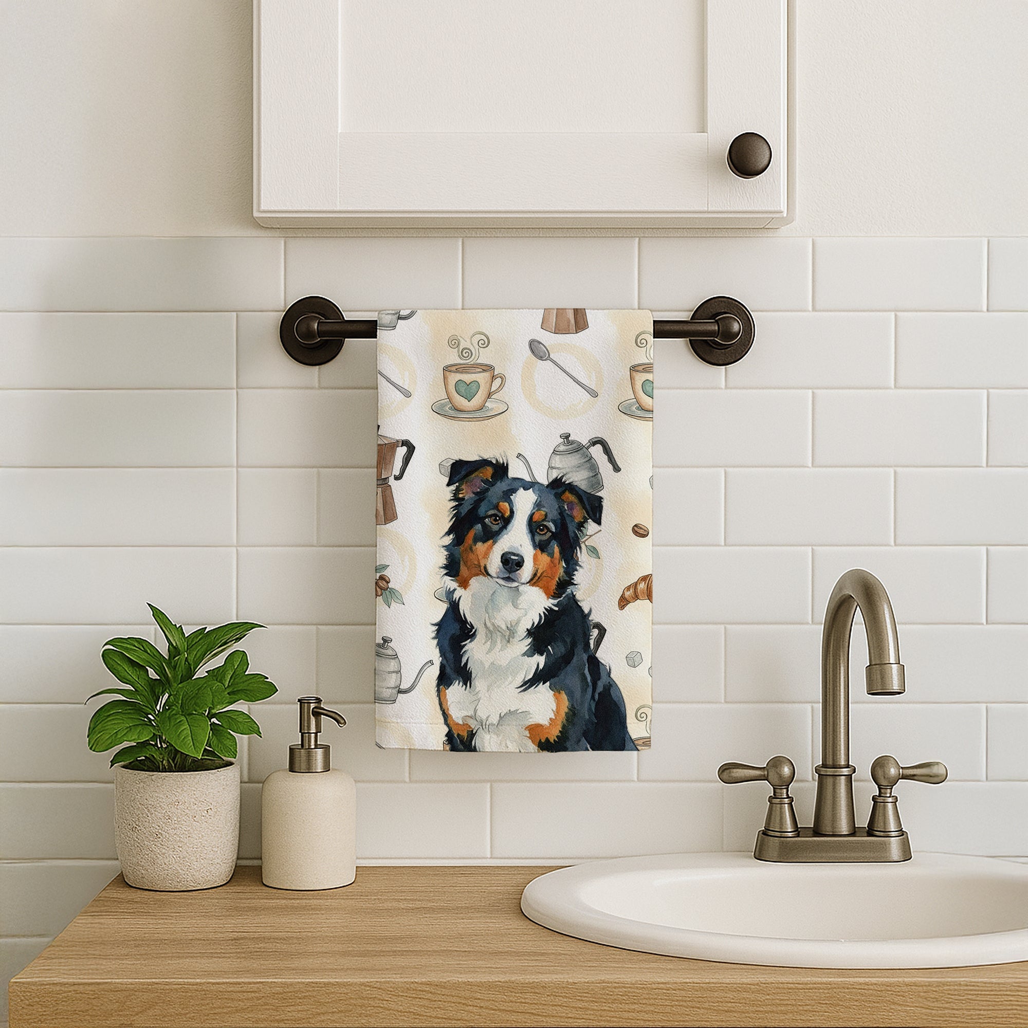 Black Tri American Shepherd Coffee Bar Kitchen Towel Velour Plush Front and Cotton Loop Back Machine Washable