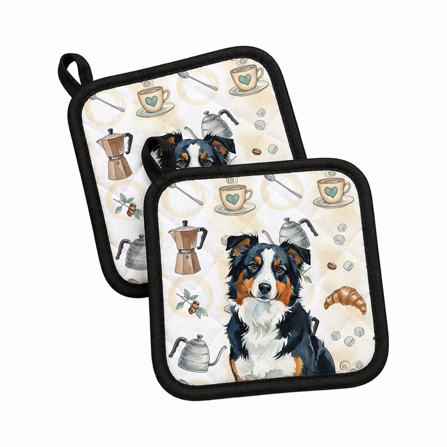 Black Tri American Shepherd Coffee Bar Pot Holder Set of 2 Heat Resistant Quilted Hot Pads 7.5 x 7.5 Inch, Insulated Kitchen Trivets for Cooking & Baking