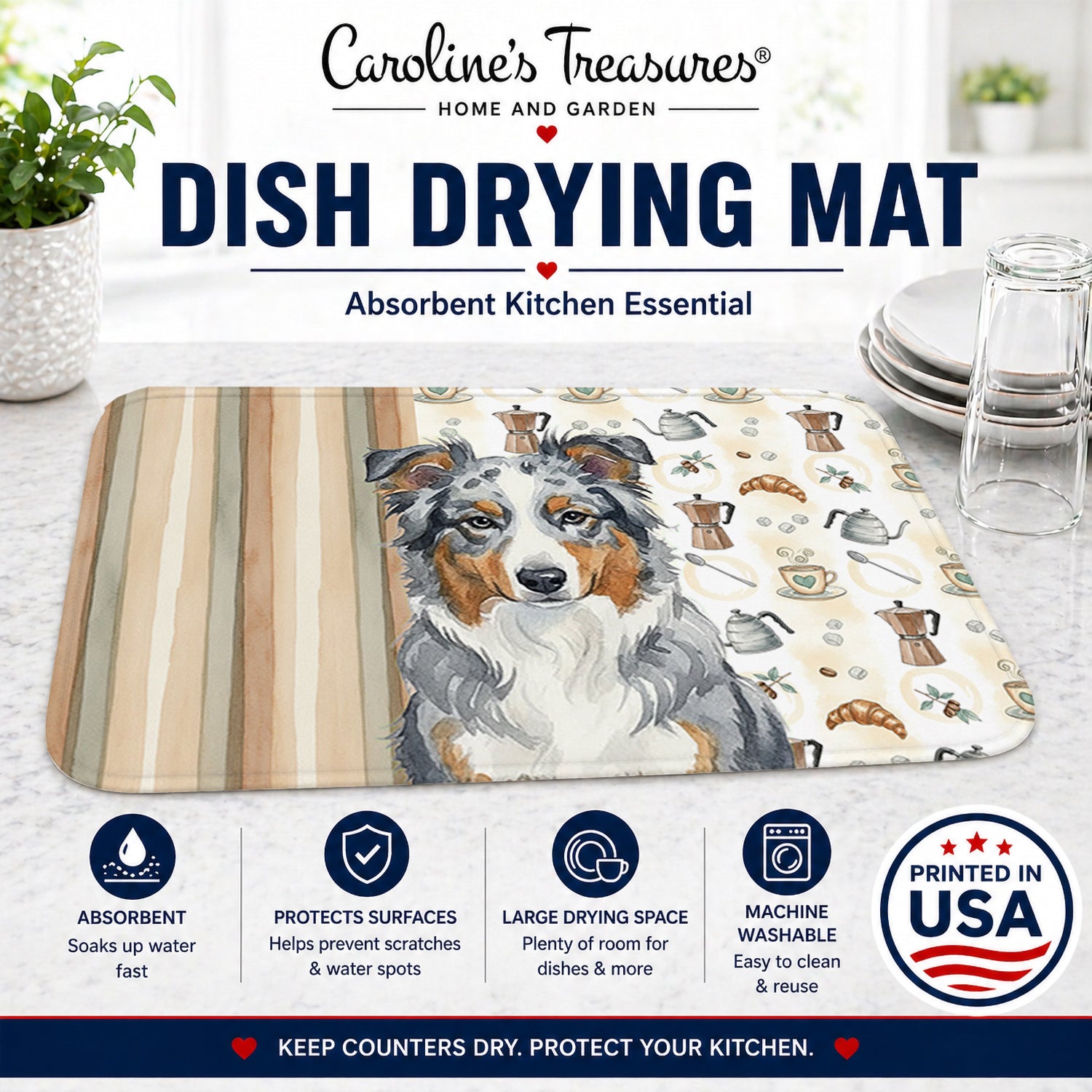 Blue Merle American Shepherd Coffee Bar Dish Drying Mat Absorbent Dish Drying Mat Pad for Kitchen Counter Dish Drainer Mat for Countertop, 14 x 21", Multicolor