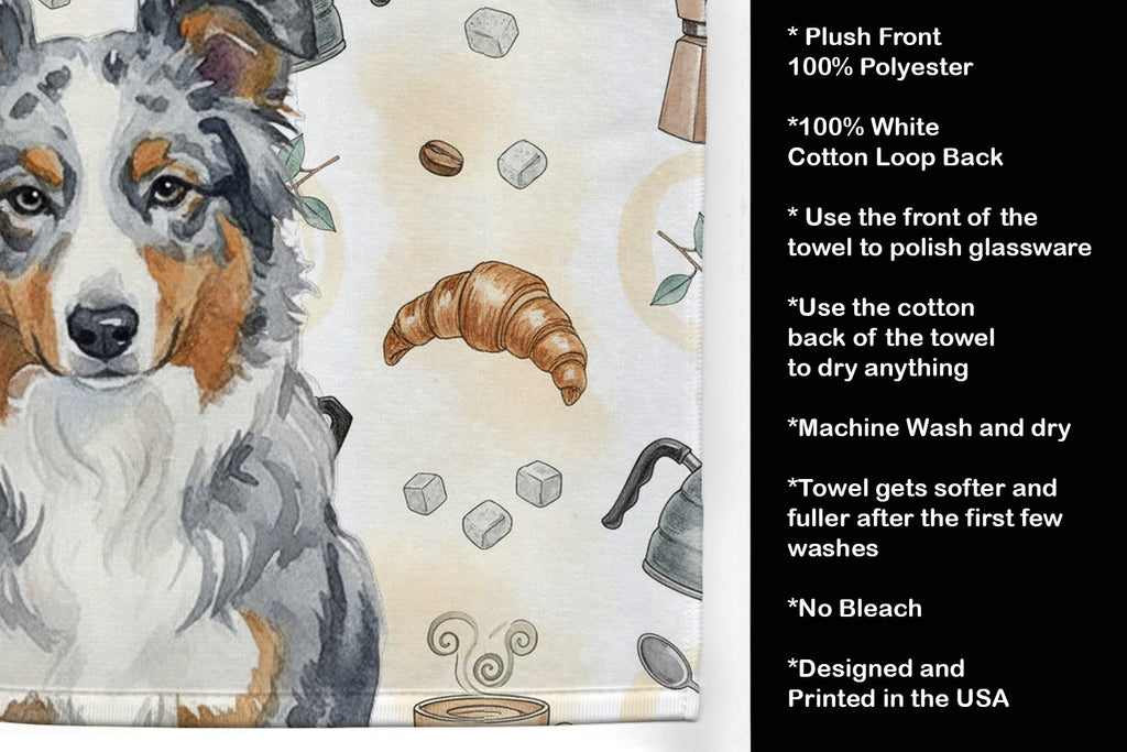 Blue Merle American Shepherd Coffee Bar Kitchen Towel Velour Plush Front and Cotton Loop Back Machine Washable