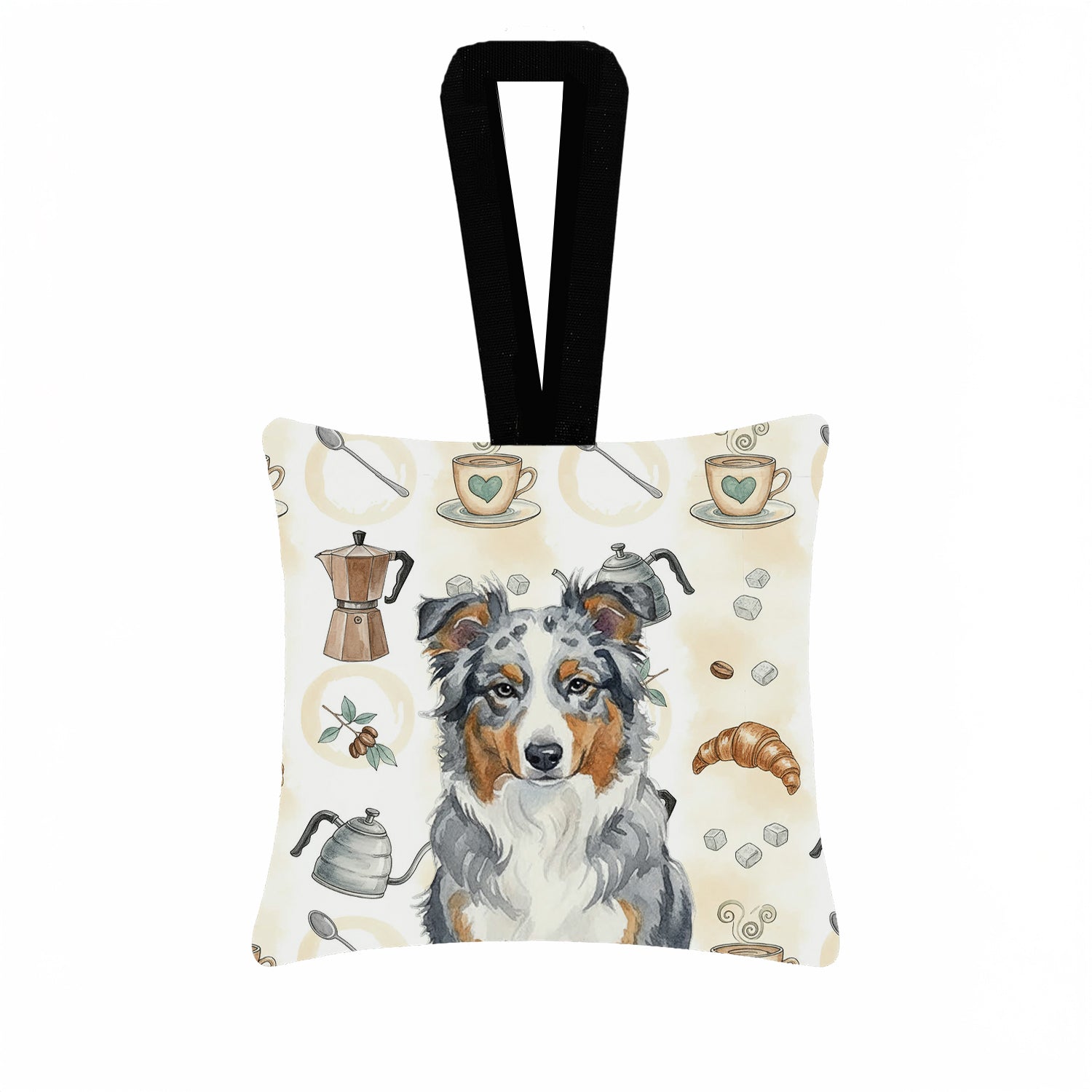 Blue Merle American Shepherd Coffee Bar Hanging Square Fabric Ornament 3.5 � 3.5 Decorative Door-Knob & Tree Hanger, Soft Fabric