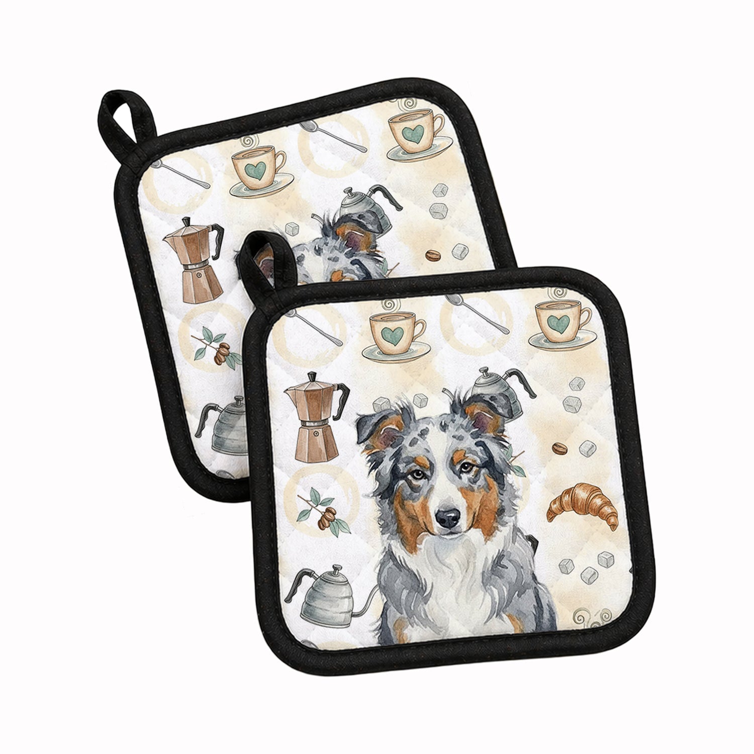 Blue Merle American Shepherd Coffee Bar Pot Holder Set of 2 Heat Resistant Quilted Hot Pads 7.5 x 7.5 Inch, Insulated Kitchen Trivets for Cooking & Baking