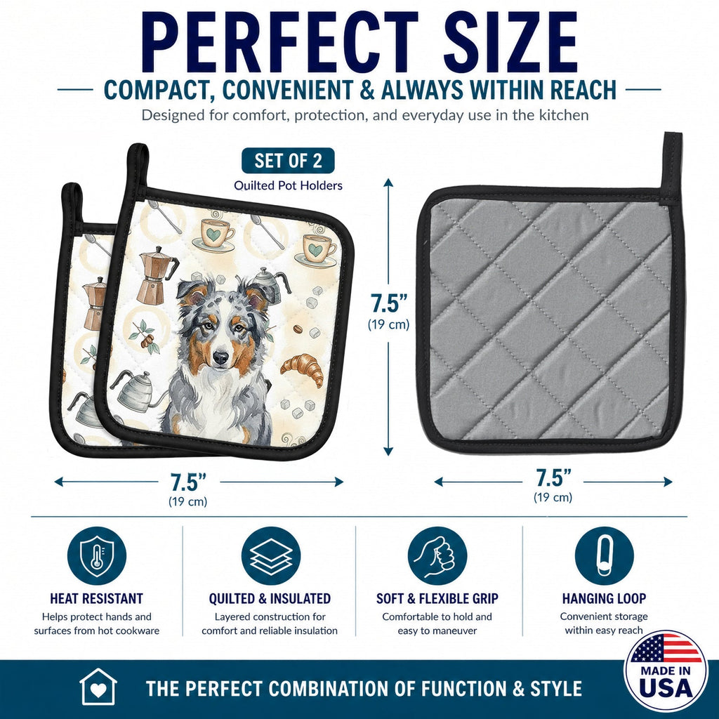 Blue Merle American Shepherd Coffee Bar Pot Holder Set of 2 Heat Resistant Quilted Hot Pads 7.5 x 7.5 Inch, Insulated Kitchen Trivets for Cooking & Baking