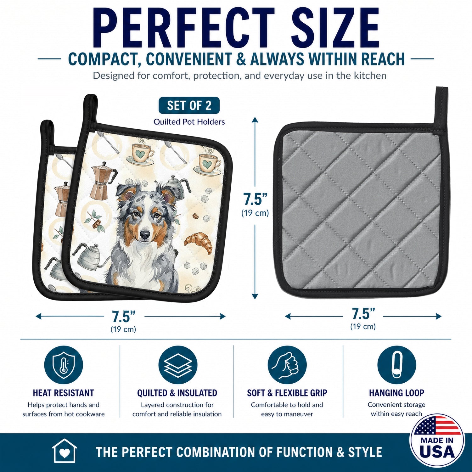 Blue Merle American Shepherd Coffee Bar Pot Holder Set of 2 Heat Resistant Quilted Hot Pads 7.5 x 7.5 Inch, Insulated Kitchen Trivets for Cooking & Baking