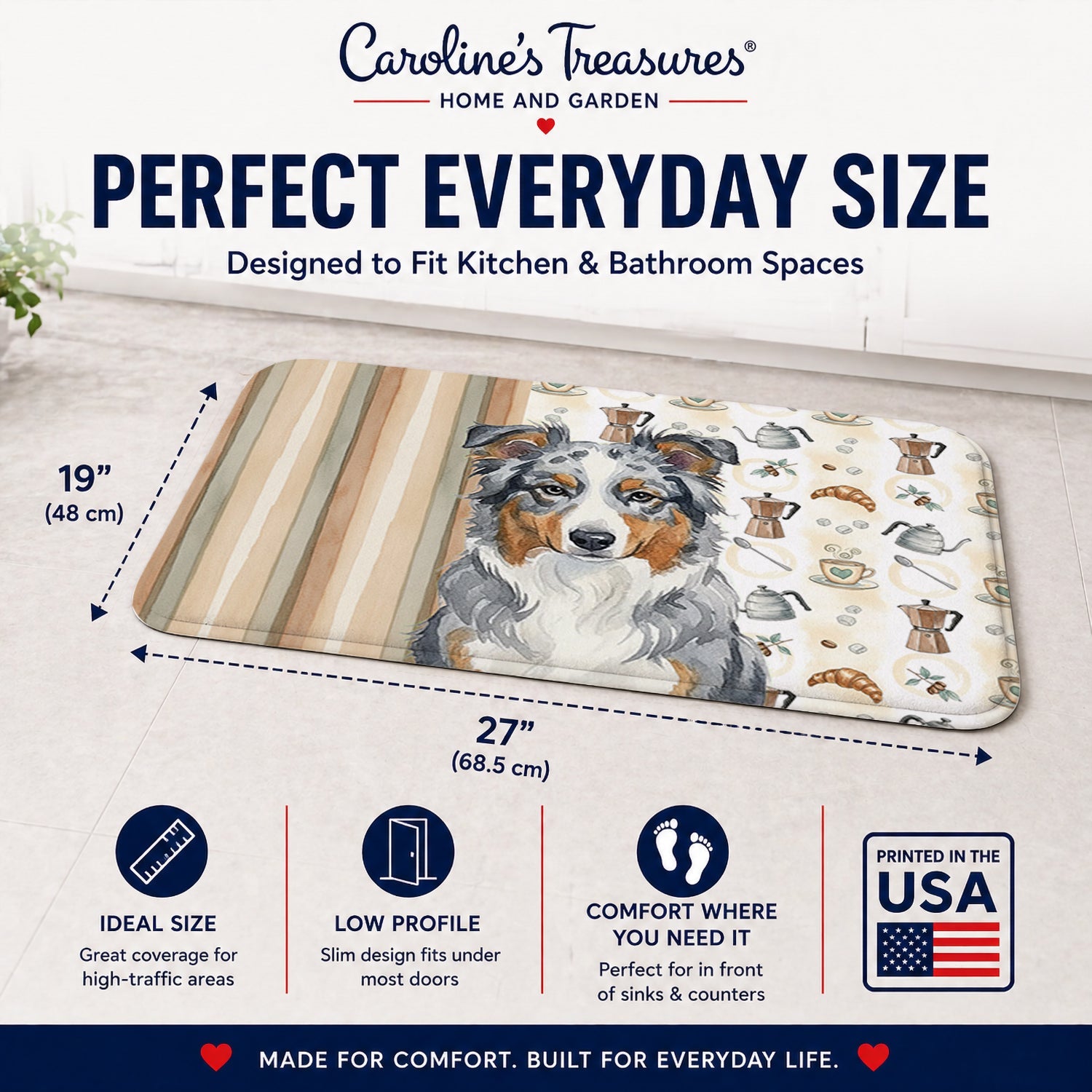 Blue Merle American Shepherd Coffee Bar Memory Foam Kitchen Mat Machine Washable Anti-Fatigue Cushion Comfort Bath or Kitchen Rug
