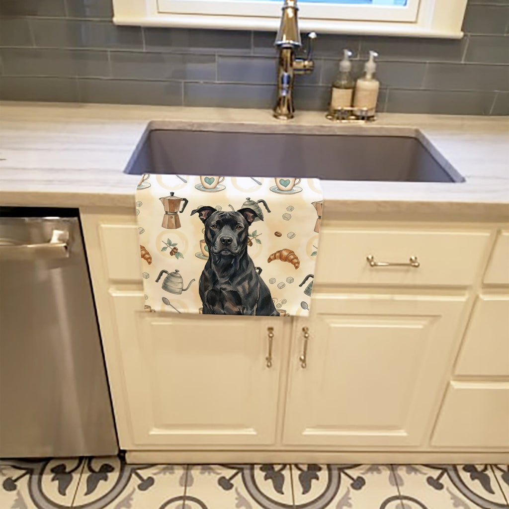 Black American Staffordshire Terrier Coffee Bar Kitchen Towel Velour Plush Front and Cotton Loop Back Machine Washable