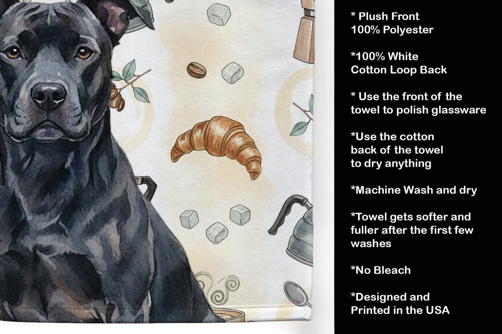 Black American Staffordshire Terrier Coffee Bar Kitchen Towel Velour Plush Front and Cotton Loop Back Machine Washable