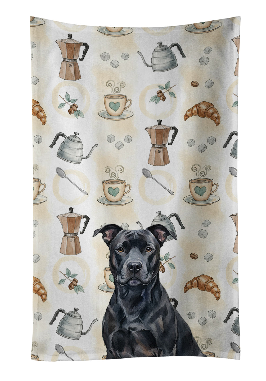 Black American Staffordshire Terrier Coffee Bar Kitchen Towel Velour Plush Front and Cotton Loop Back Machine Washable