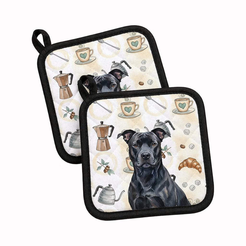 Black American Staffordshire Terrier Coffee Bar Pot Holder Set of 2 Heat Resistant Quilted Hot Pads 7.5 x 7.5 Inch, Insulated Kitchen Trivets for Cooking & Baking