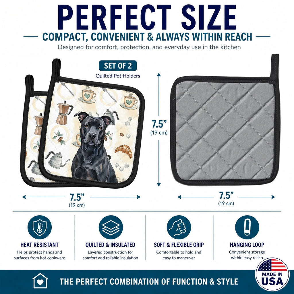 Black American Staffordshire Terrier Coffee Bar Pot Holder Set of 2 Heat Resistant Quilted Hot Pads 7.5 x 7.5 Inch, Insulated Kitchen Trivets for Cooking & Baking