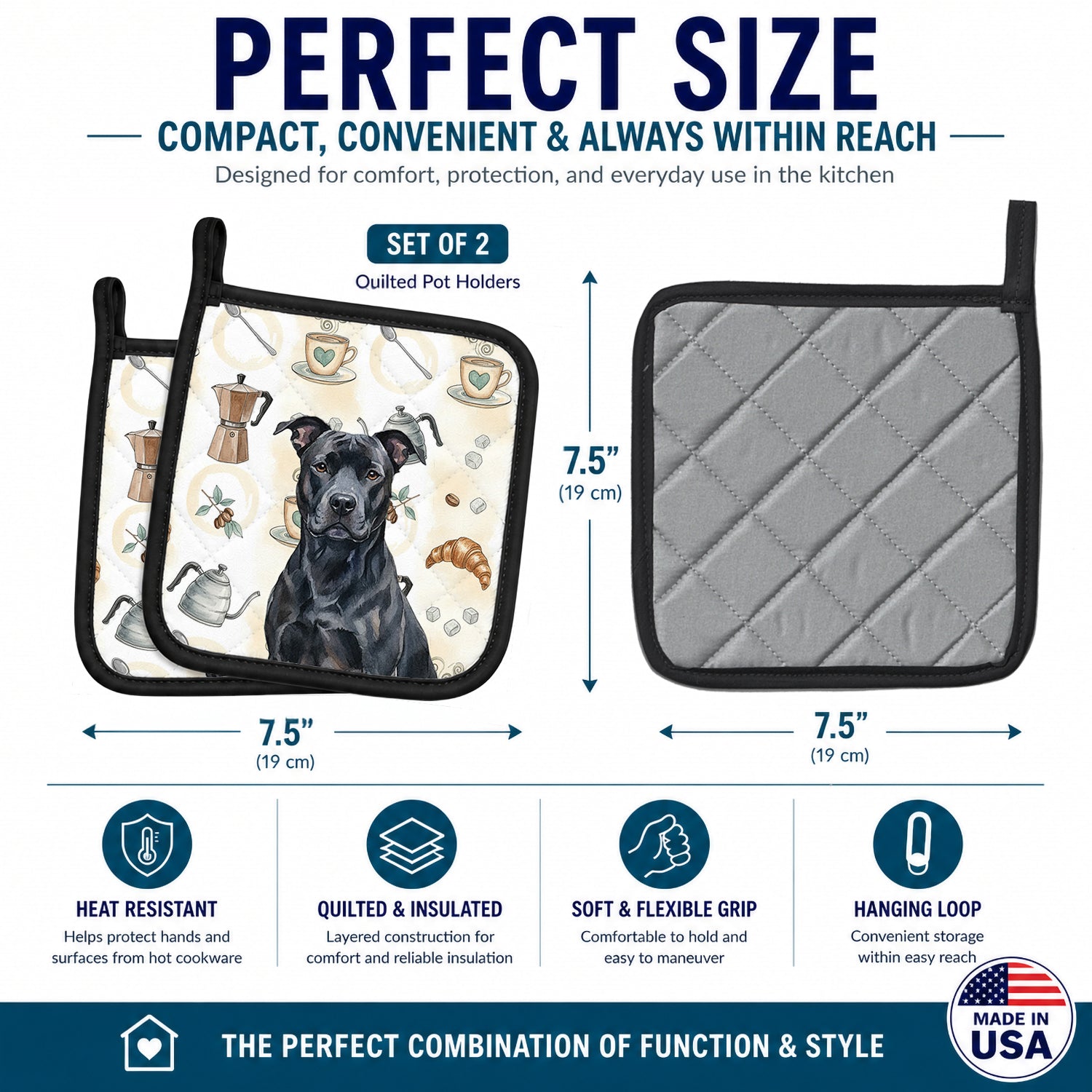 Black American Staffordshire Terrier Coffee Bar Pot Holder Set of 2 Heat Resistant Quilted Hot Pads 7.5 x 7.5 Inch, Insulated Kitchen Trivets for Cooking & Baking