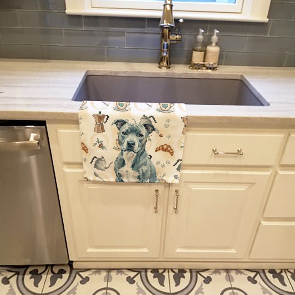 Blue American Staffordshire Terrier Coffee Bar Kitchen Towel Velour Plush Front and Cotton Loop Back Machine Washable