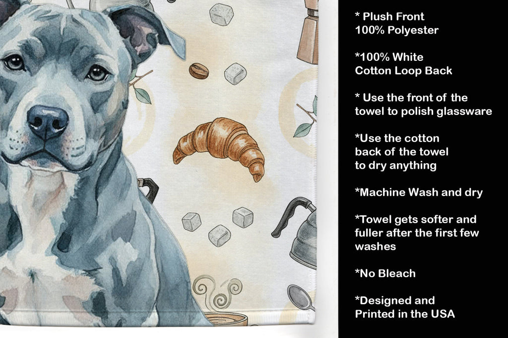 Blue American Staffordshire Terrier Coffee Bar Kitchen Towel Velour Plush Front and Cotton Loop Back Machine Washable
