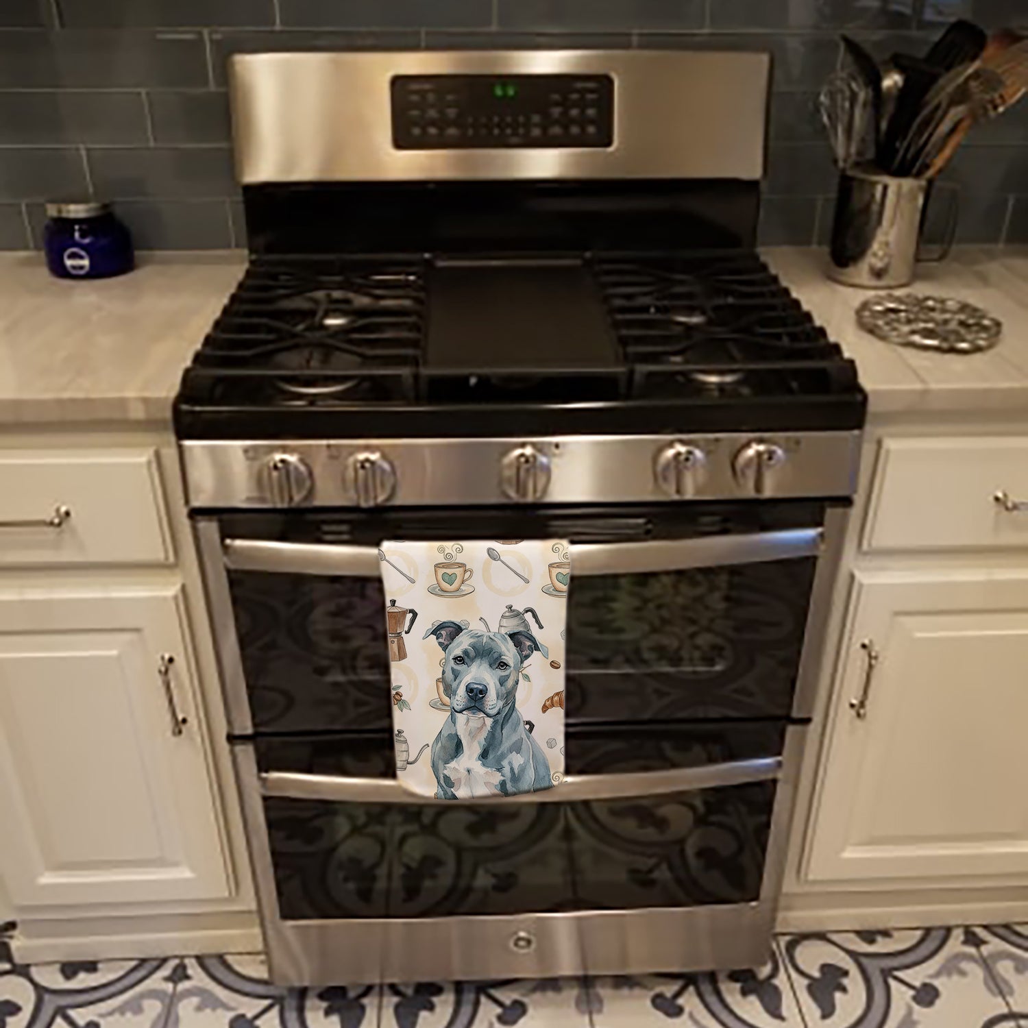 Blue American Staffordshire Terrier Coffee Bar Kitchen Towel Velour Plush Front and Cotton Loop Back Machine Washable