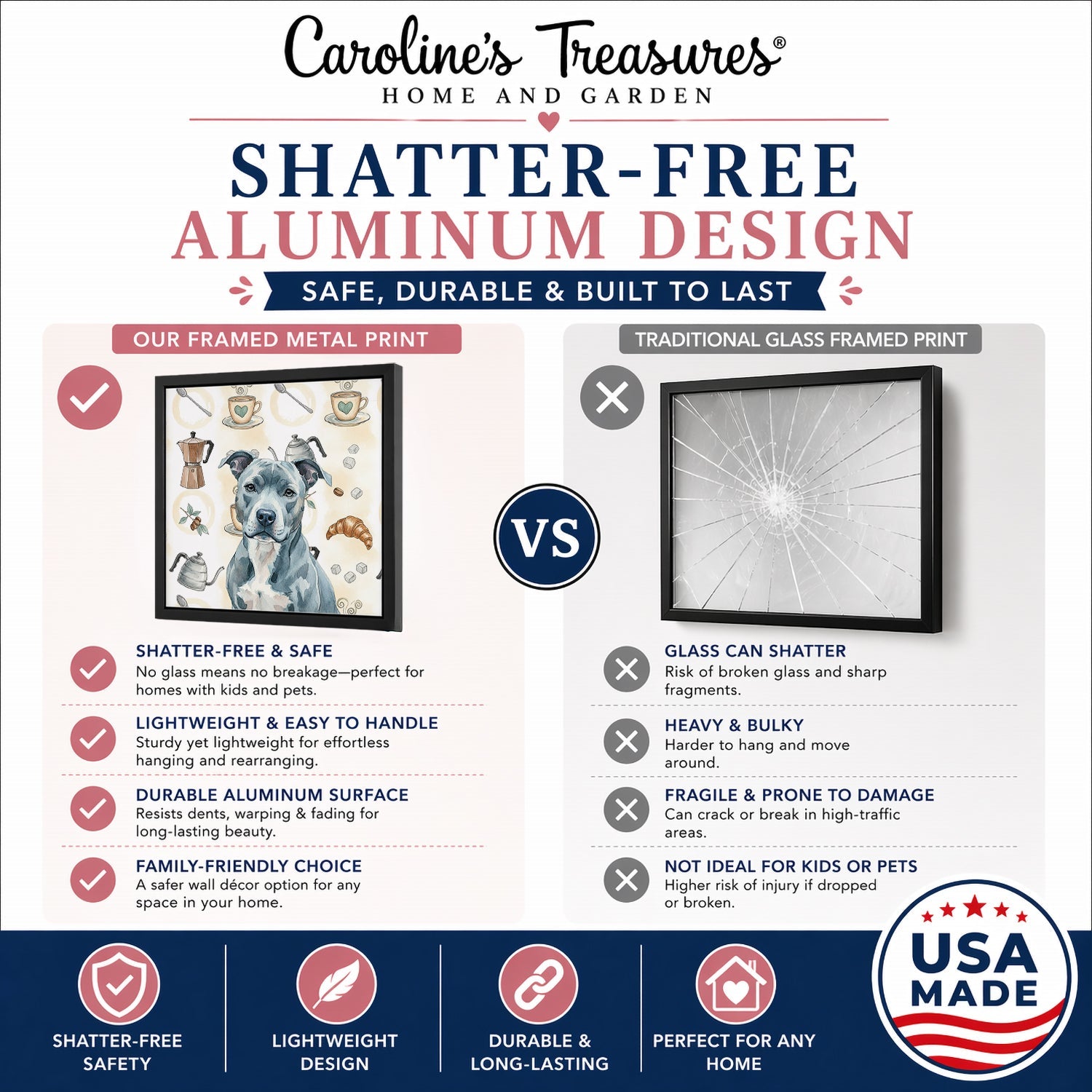 Blue American Staffordshire Terrier Coffee Bar Framed Metal Print Bathroom, Kitchen, Office, Home Decor Wall Art Ready to Hang, Square, 8X8