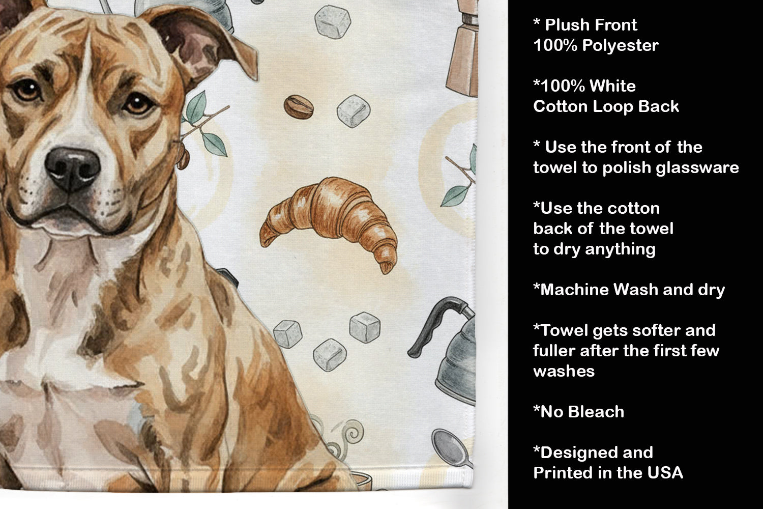 Brindle American Staffordshire Terrier Coffee Bar Kitchen Towel Velour Plush Front and Cotton Loop Back Machine Washable