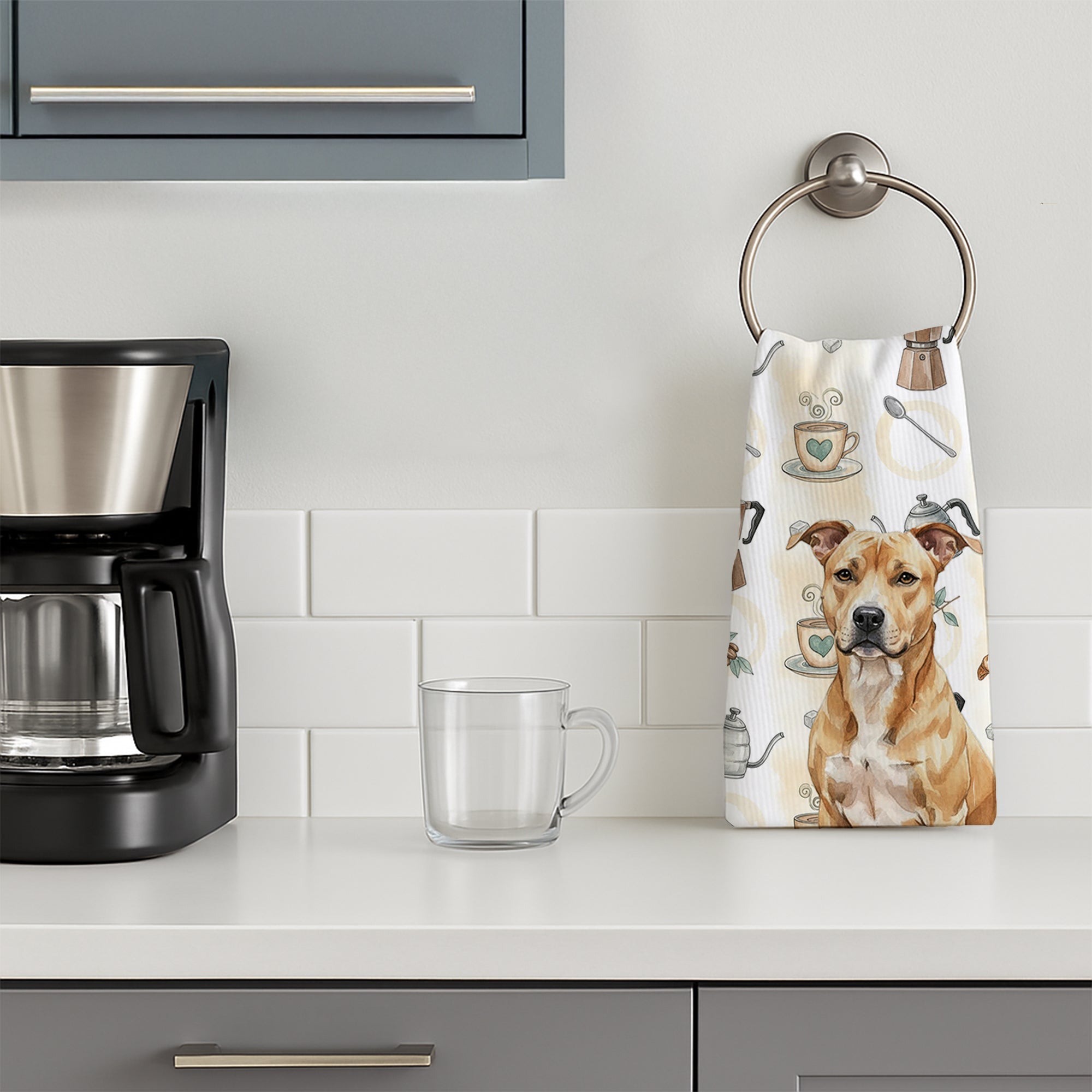 Fawn American Staffordshire Terrier Coffee Bar Kitchen Towel Velour Plush Front and Cotton Loop Back Machine Washable