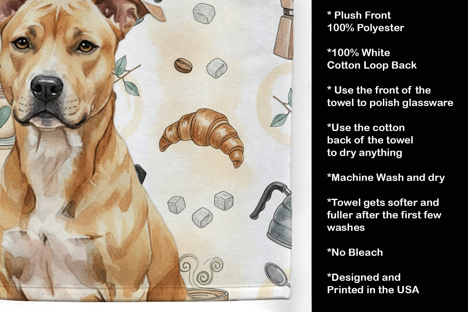 Fawn American Staffordshire Terrier Coffee Bar Kitchen Towel Velour Plush Front and Cotton Loop Back Machine Washable