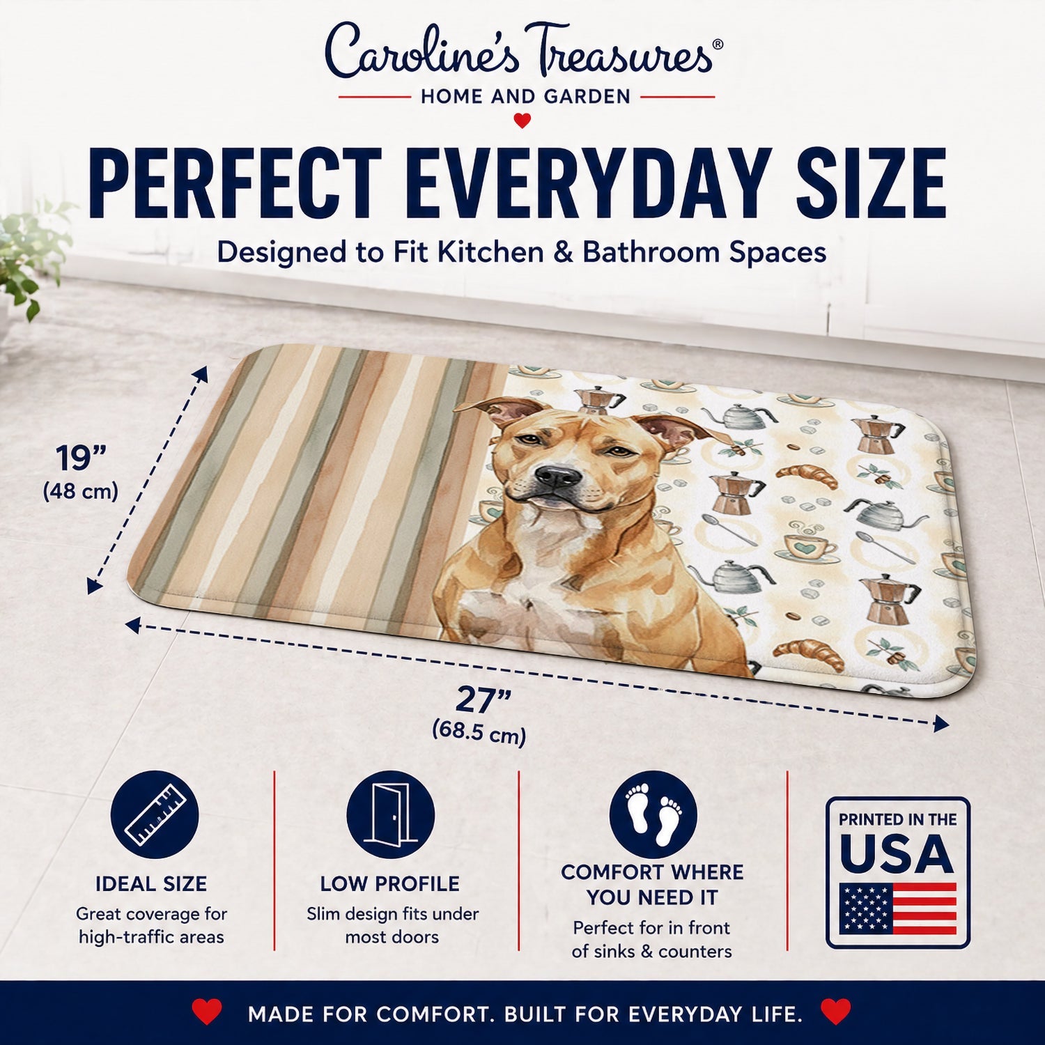 Fawn American Staffordshire Terrier Coffee Bar Memory Foam Kitchen Mat Machine Washable Anti-Fatigue Cushion Comfort Bath or Kitchen Rug