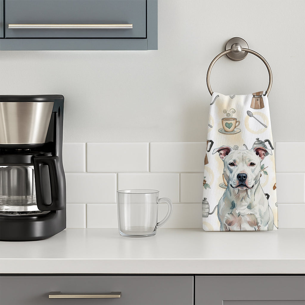 White American Staffordshire Terrier Coffee Bar Kitchen Towel Velour Plush Front and Cotton Loop Back Machine Washable