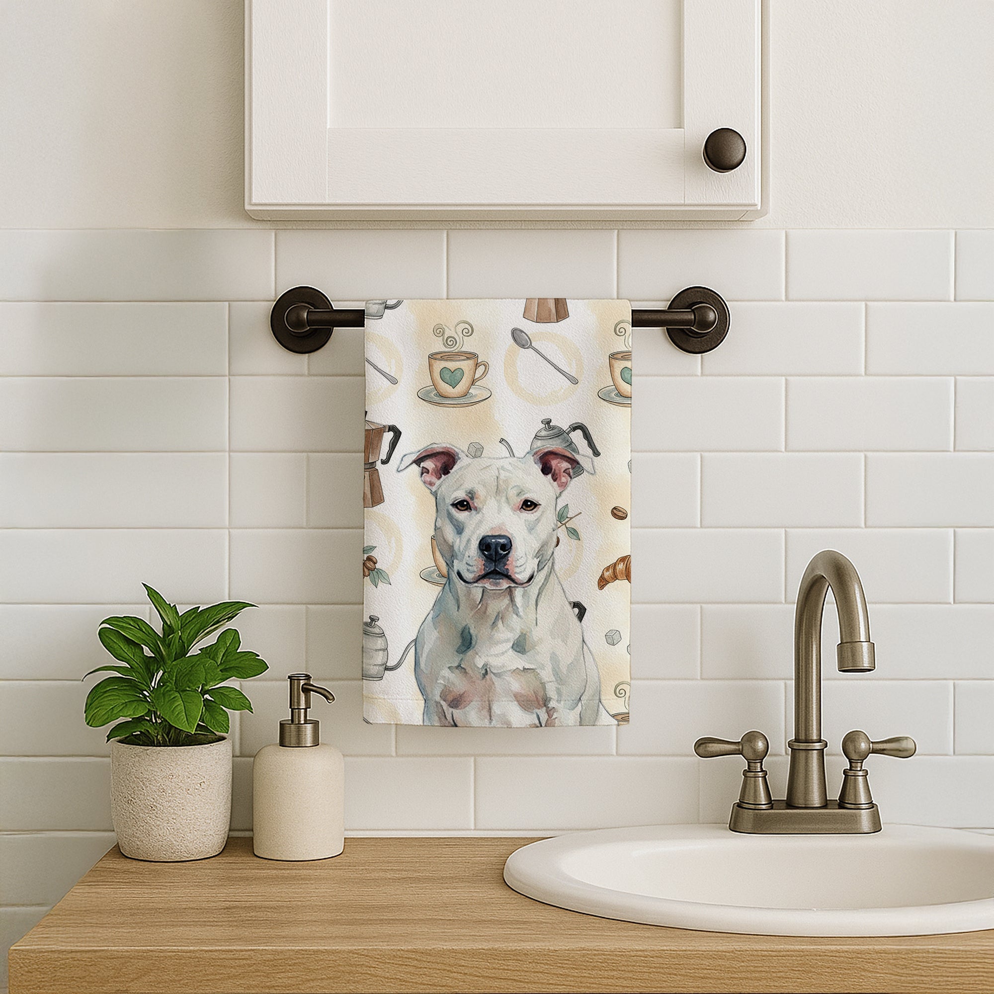 White American Staffordshire Terrier Coffee Bar Kitchen Towel Velour Plush Front and Cotton Loop Back Machine Washable