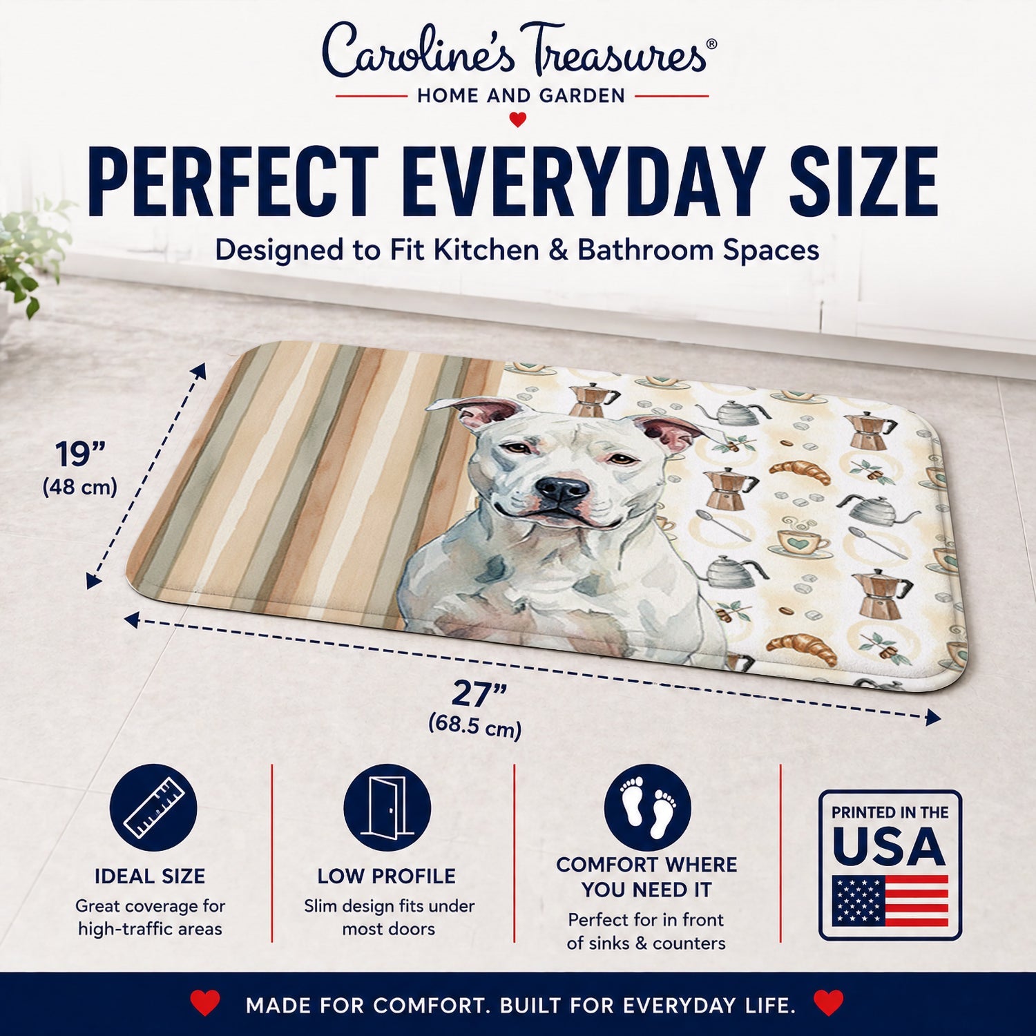 White American Staffordshire Terrier Coffee Bar Memory Foam Kitchen Mat Machine Washable Anti-Fatigue Cushion Comfort Bath or Kitchen Rug