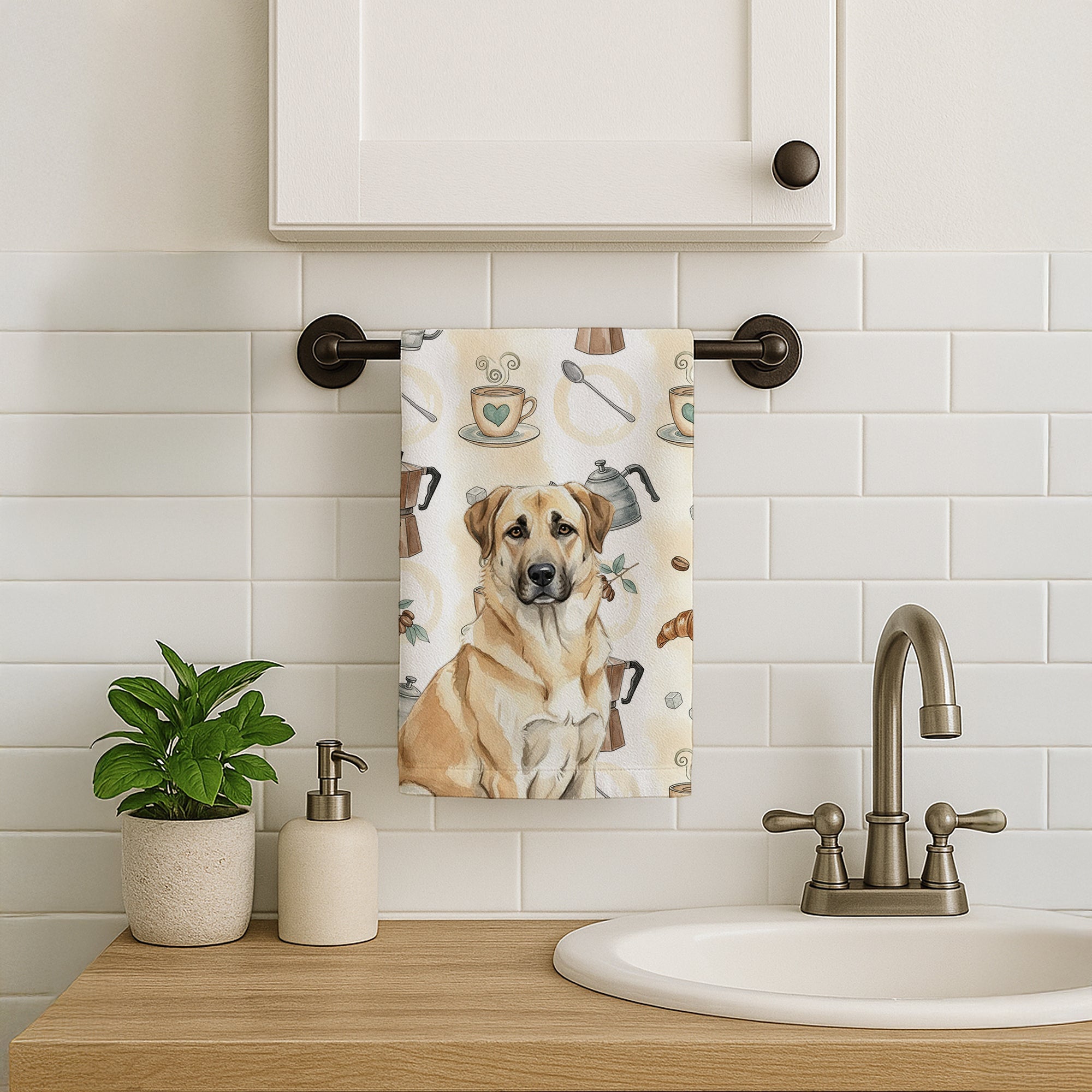 Anatolian Shepherd Dog Coffee Bar Kitchen Towel Velour Plush Front and Cotton Loop Back Machine Washable