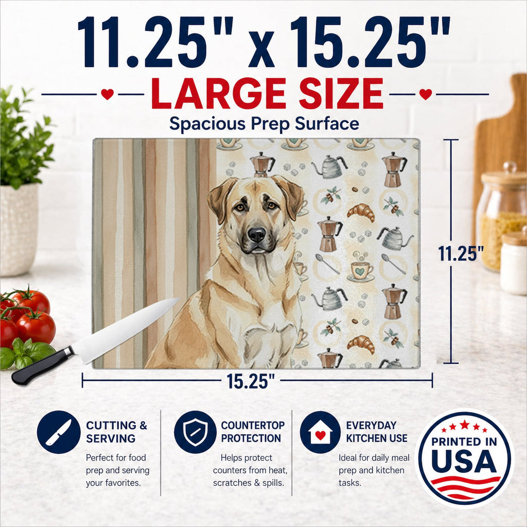 Anatolian Shepherd Dog Coffee Bar Cutting Board Tempered Glass Kitchen Cutting Surface, Heat Resistant Chopping, Non-Slip Feet, Food Prep & Serving