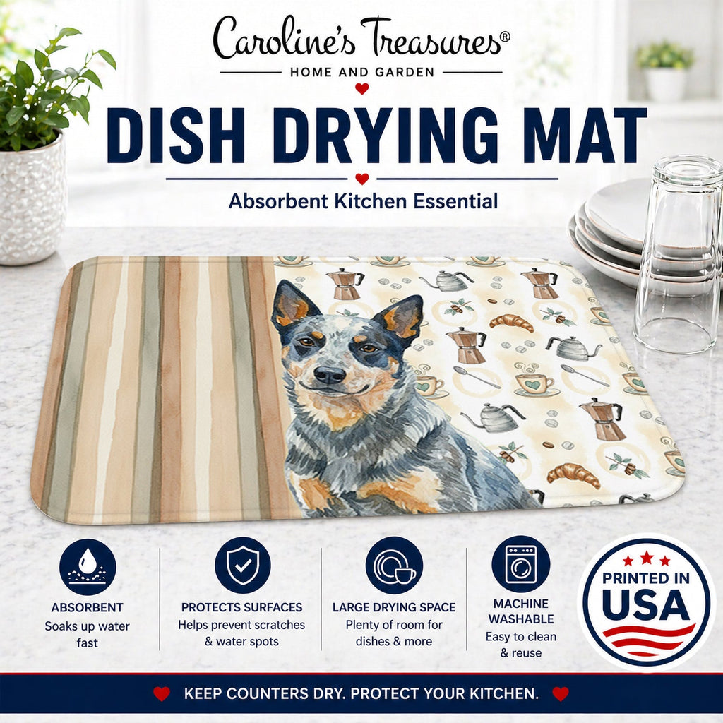 Blue Heeler Australian Cattle Dog Coffee Bar Dish Drying Mat Absorbent Dish Drying Mat Pad for Kitchen Counter Dish Drainer Mat for Countertop, 14 x 21", Multicolor