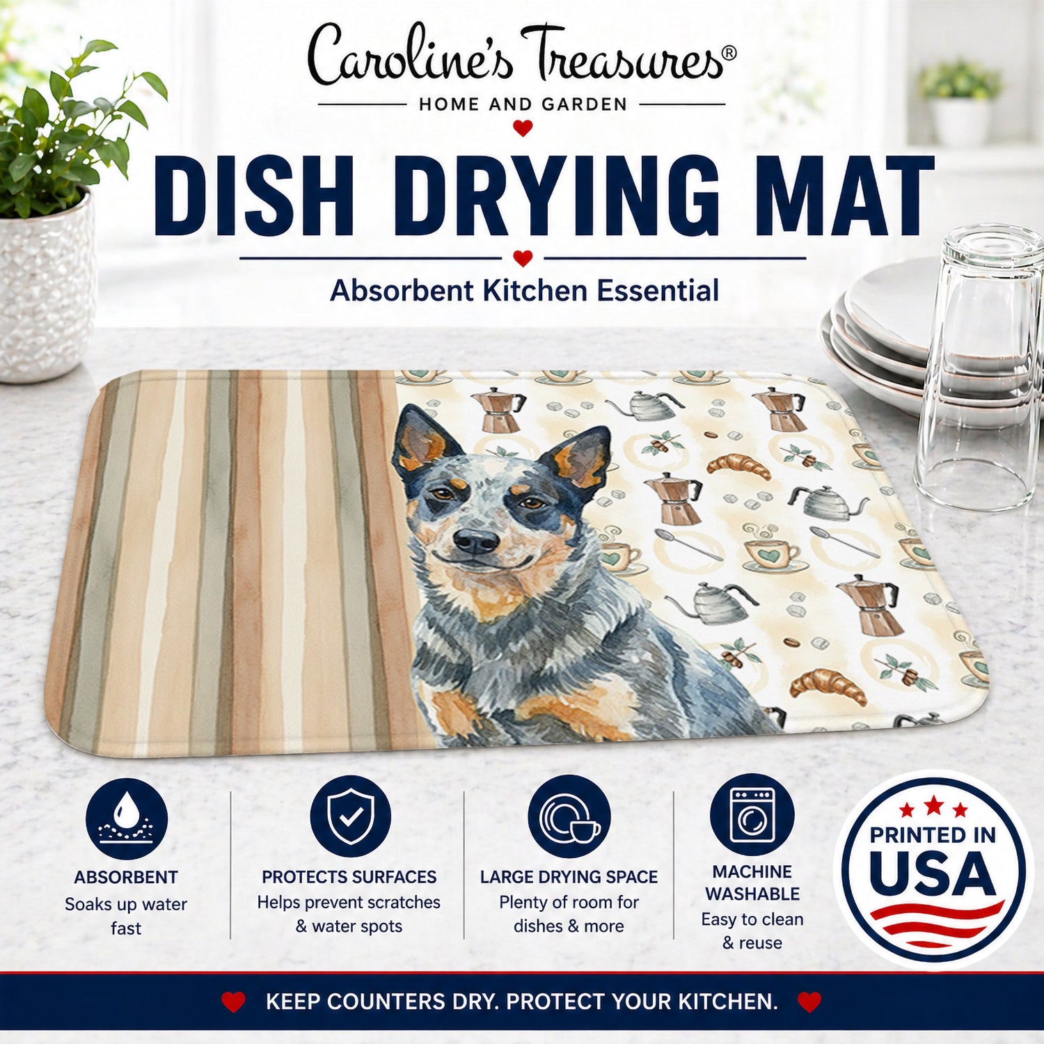 Blue Heeler Australian Cattle Dog Coffee Bar Dish Drying Mat Absorbent Dish Drying Mat Pad for Kitchen Counter Dish Drainer Mat for Countertop, 14 x 21", Multicolor