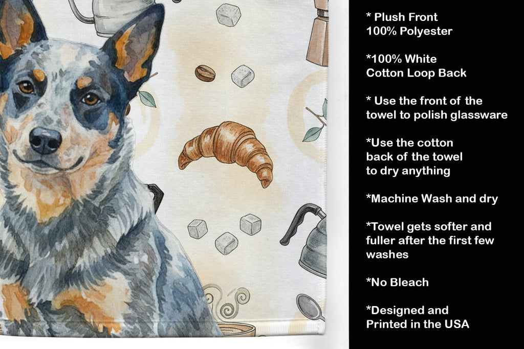 Blue Heeler Australian Cattle Dog Coffee Bar Kitchen Towel Velour Plush Front and Cotton Loop Back Machine Washable