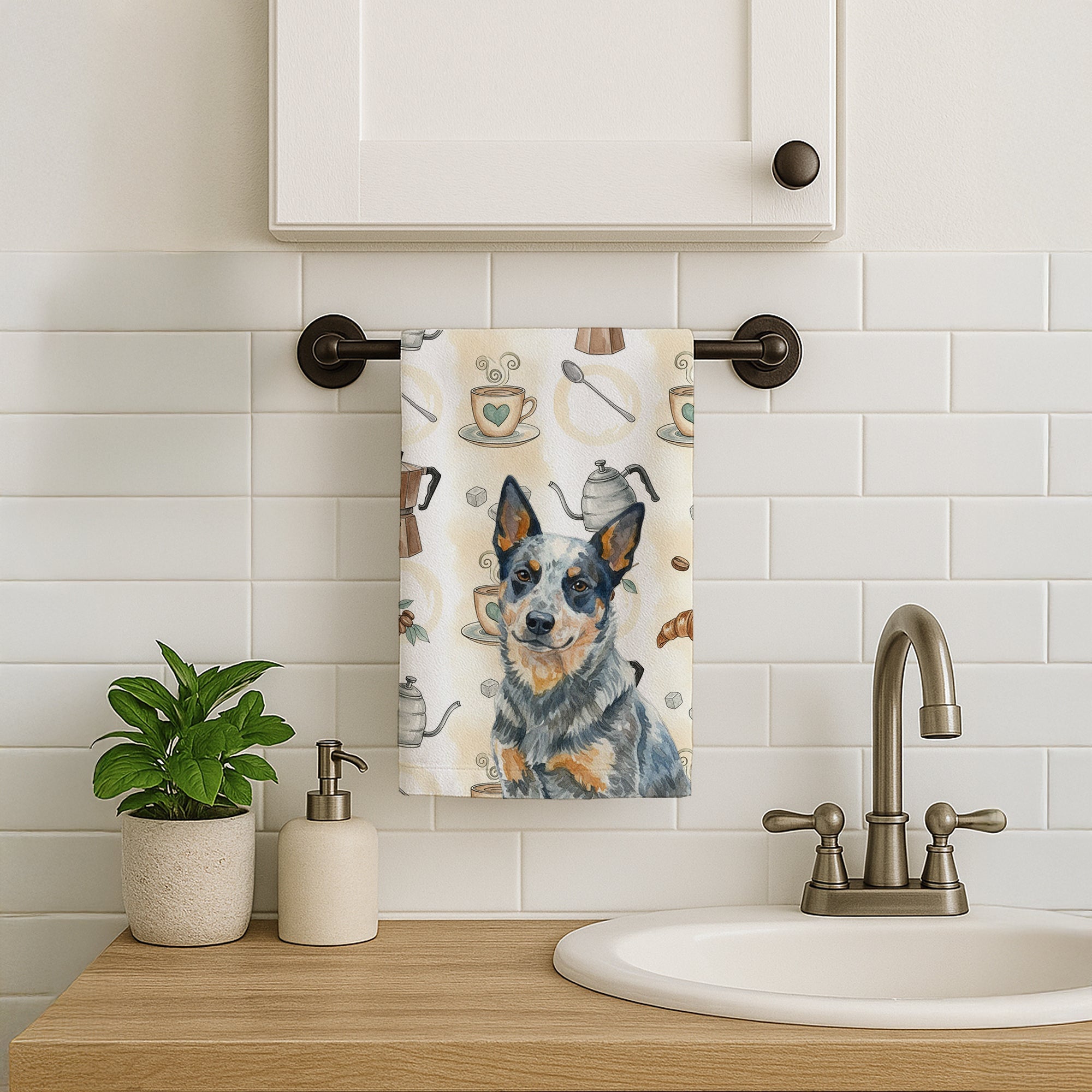 Blue Heeler Australian Cattle Dog Coffee Bar Kitchen Towel Velour Plush Front and Cotton Loop Back Machine Washable