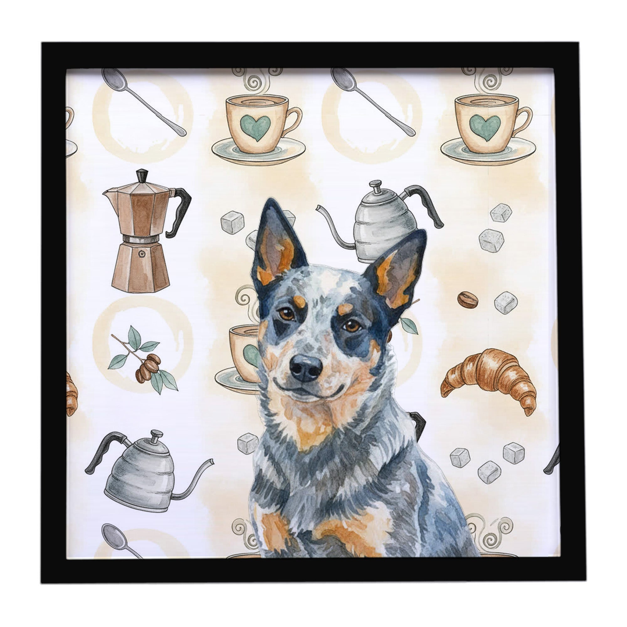 Blue Heeler Australian Cattle Dog Coffee Bar Framed Metal Print Bathroom, Kitchen, Office, Home Decor Wall Art Ready to Hang, Square, 8X8